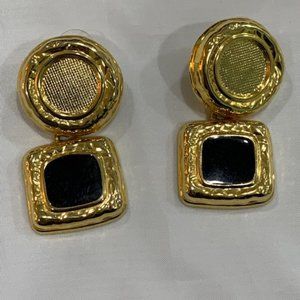 Black and Goldtone dangling pierced earrings, 2 inches in length